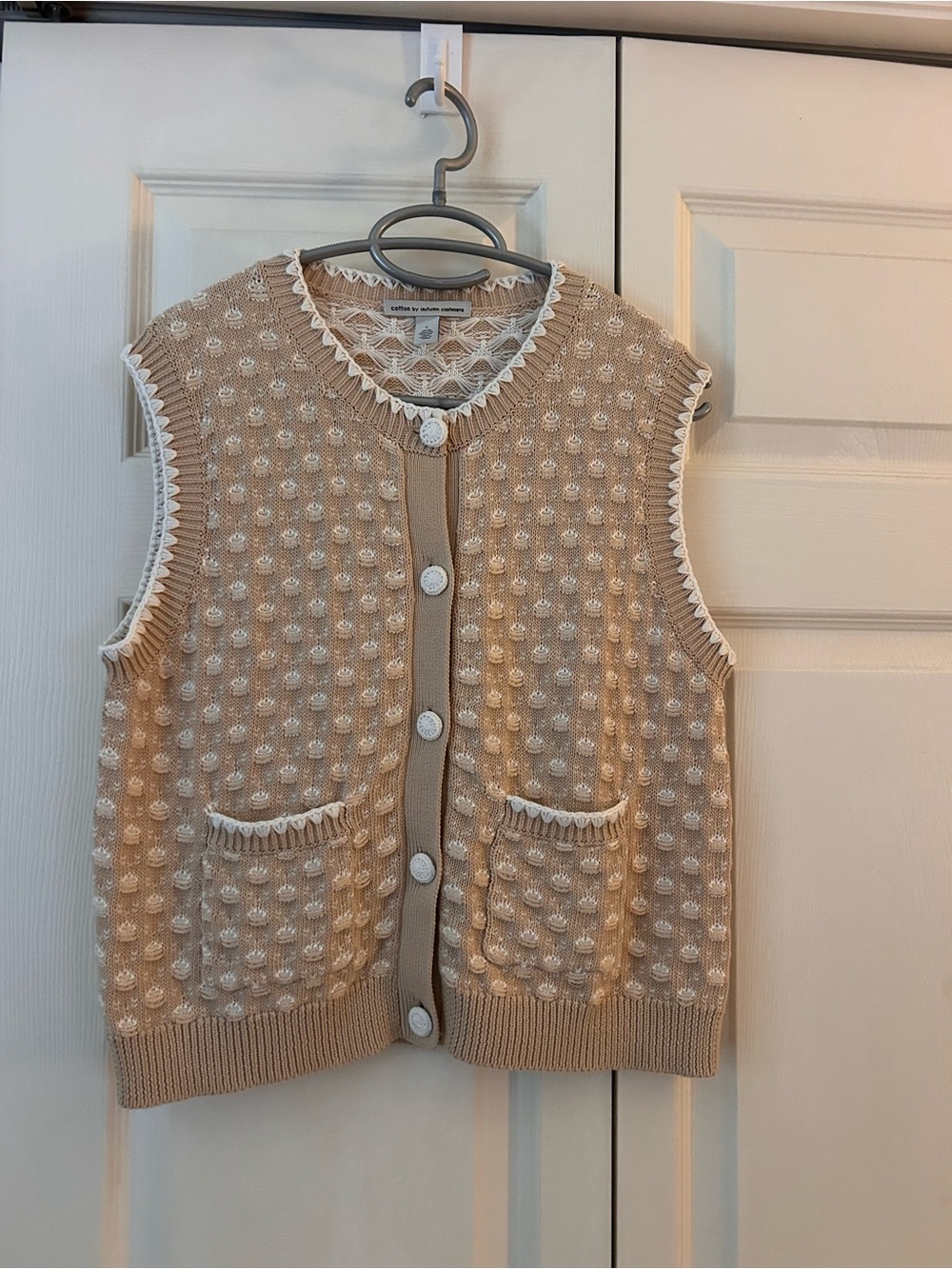 Autumn Cashmere 100% Italian Cotton Sleeveless Textures Knit Vest - Cream/Tan